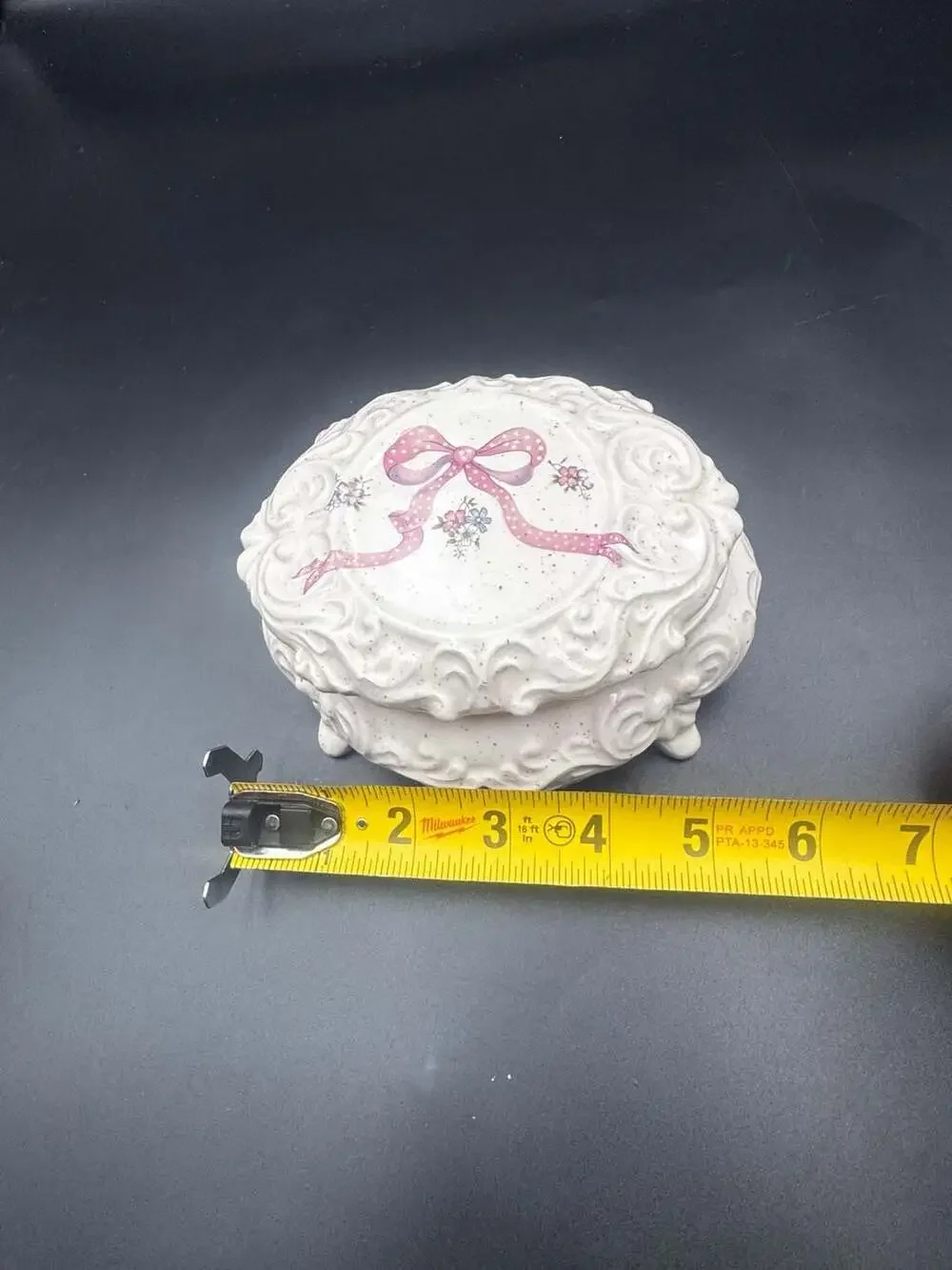 Vintage Ceramic Footed Trinket Box with Pink Bow and Floral Design